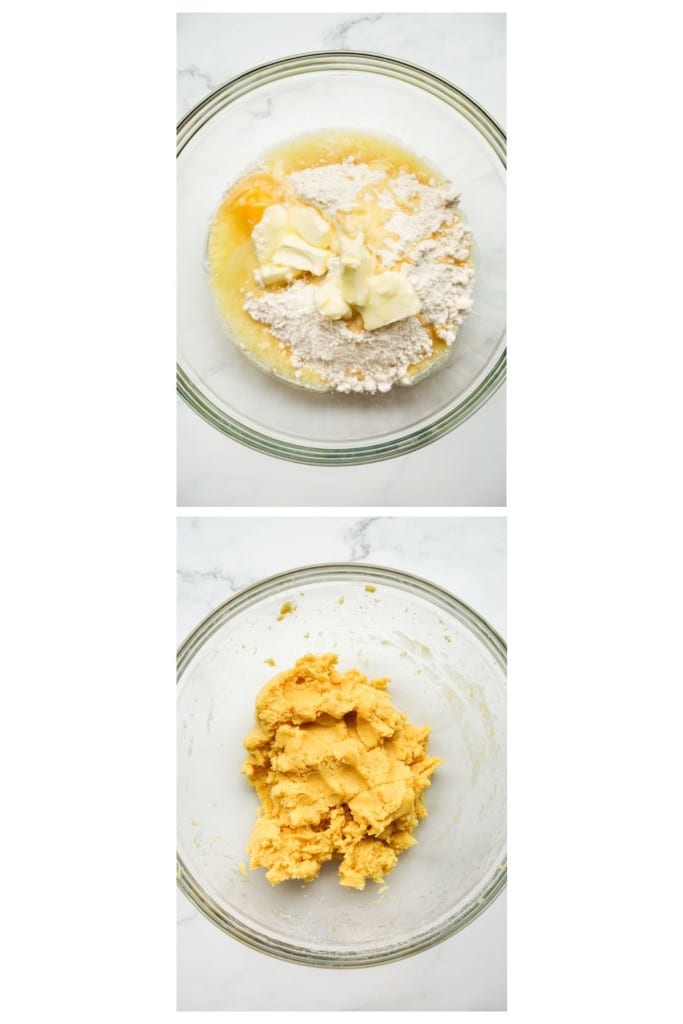 Before and after mixing cake mix, butter and eggs in a mixing bowl