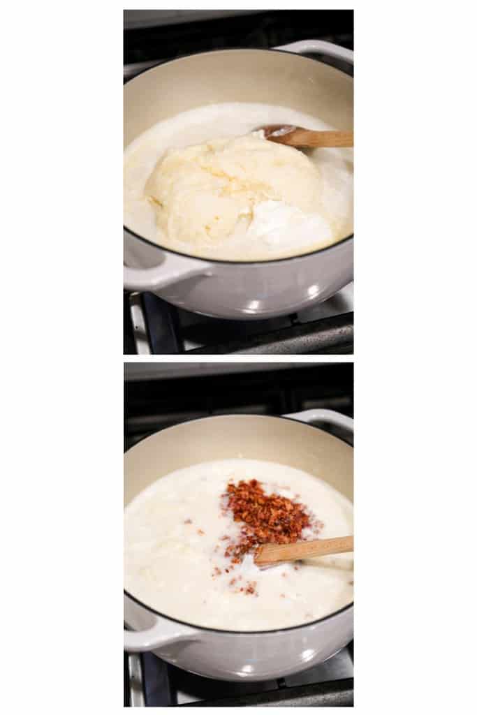 Add mashed potatoes and sour cream to broth and milk, then add bacon