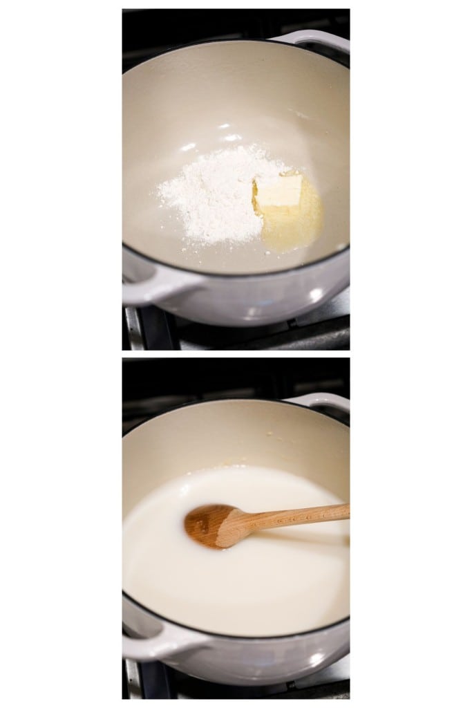 Add butter and flour to pot, then add milk and chicken broth