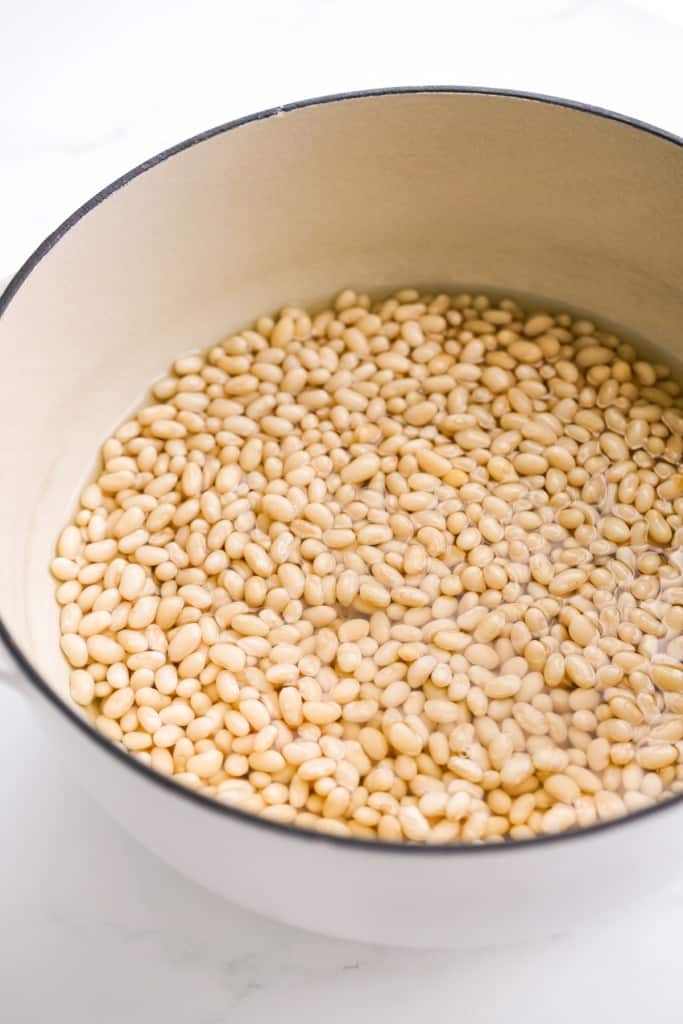 Soaking dried navy beans in a large pot of water