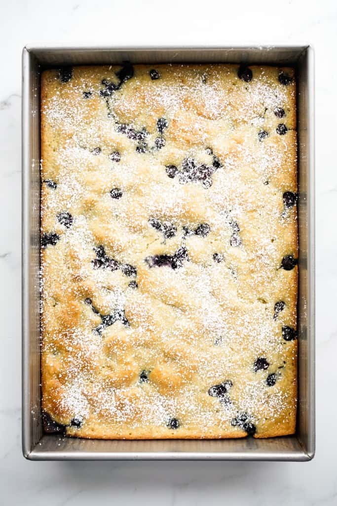 Blueberry Pancake casserole topped with powdered sugar