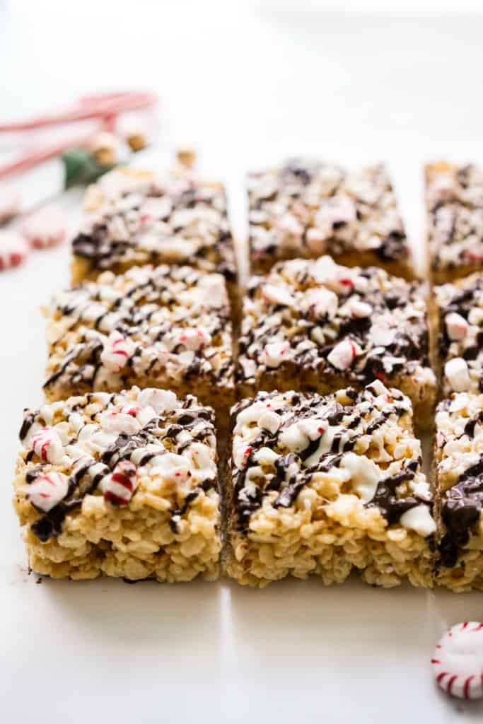 Christmas rice krispie treats squares lined up 