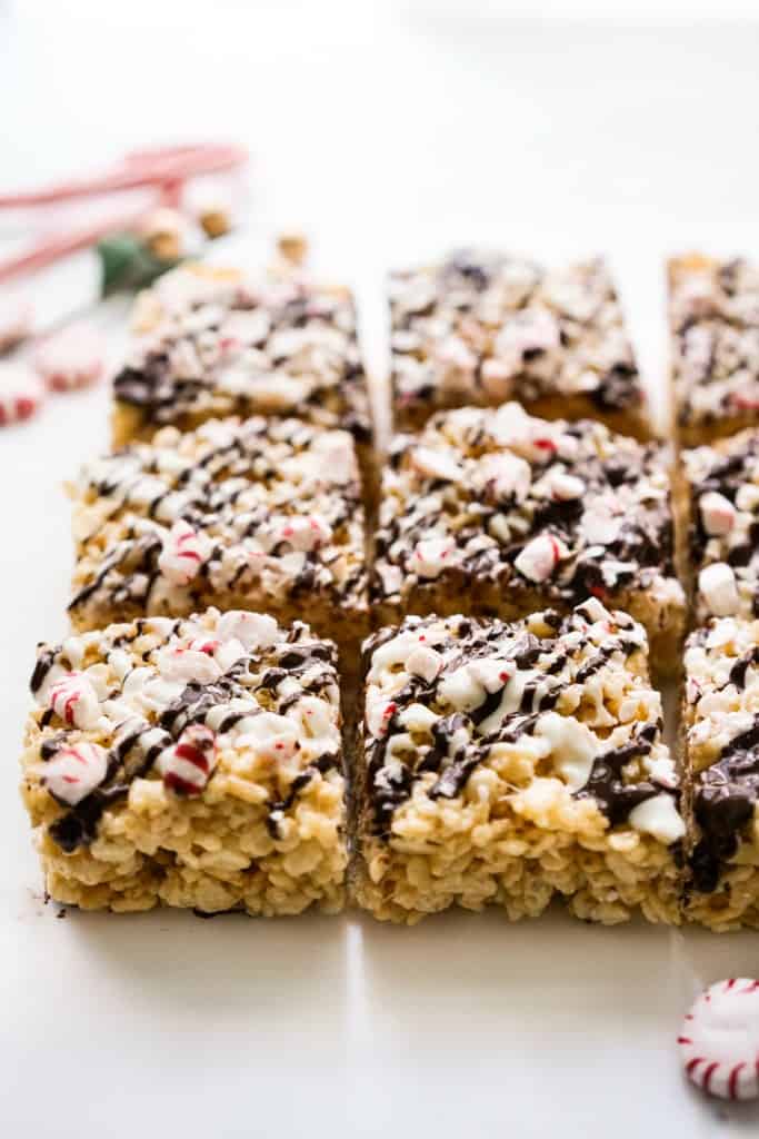Christmas rice krispie treats squares lined up