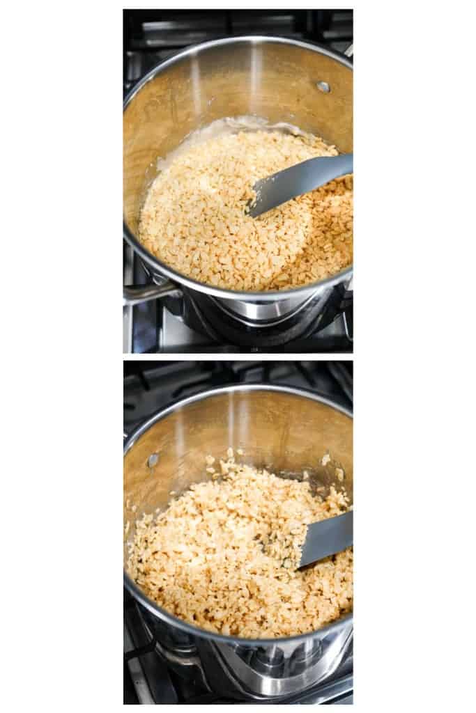 Tossing rice krispies in melted marshmallows