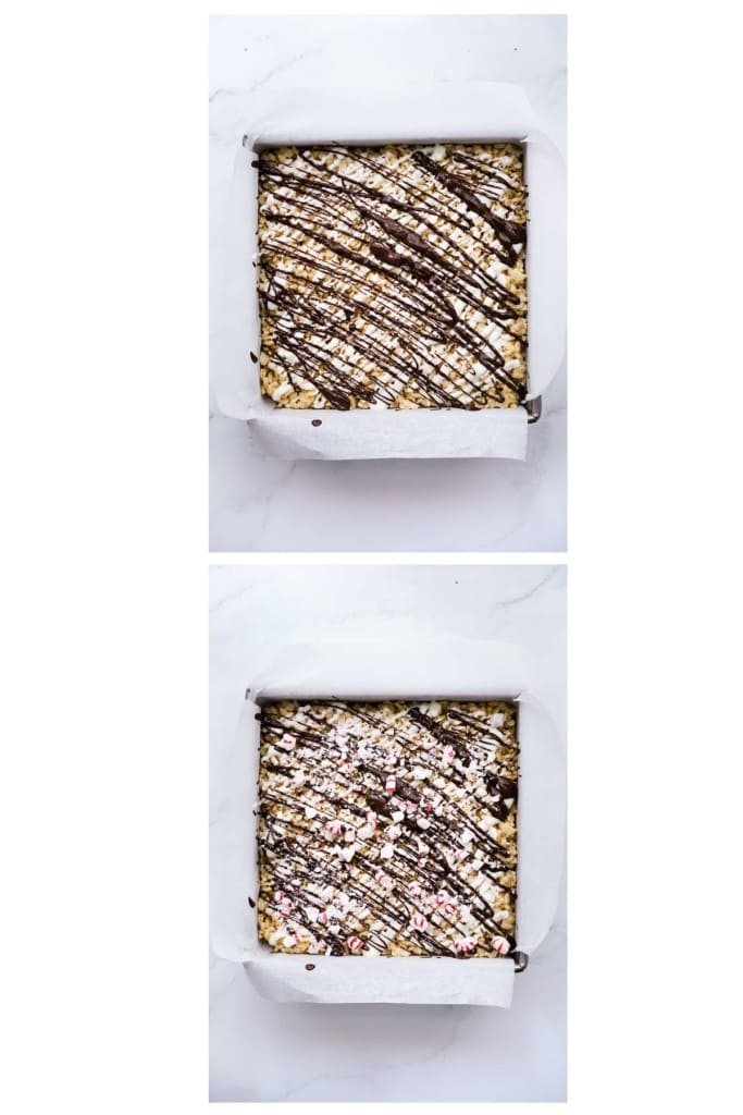 Drizzling rice krispie treats with dark chocolate and white chocolate, then topping them with crushed peppermint candy