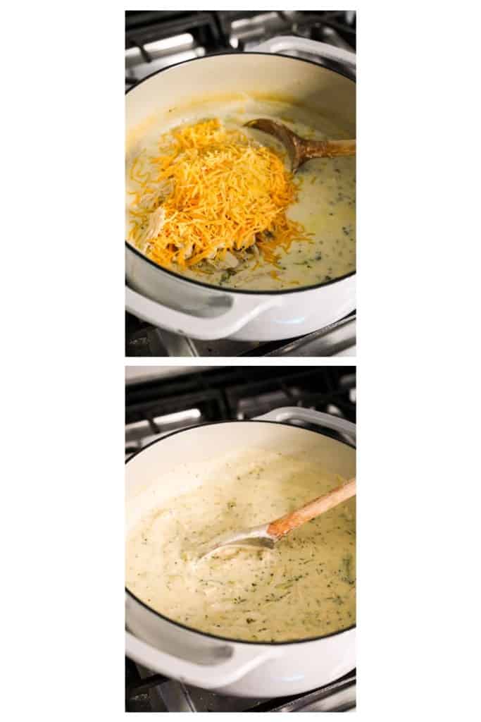 Adding shredded cheese to creamy soup, then stirring to dissolve it