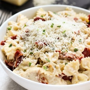 farfalle pasta in creamy sauce combined with sun dried tomatoes and parmesan cheese on top