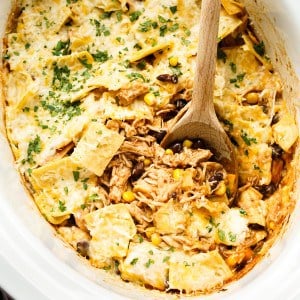 Chicken enchilada casserole in a slow cooker