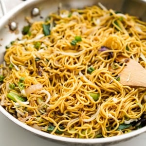 A skillet of vegetable chow mein