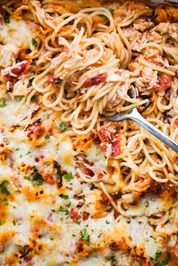 Close up of a large fork twirling around spaghetti in tomato sauce