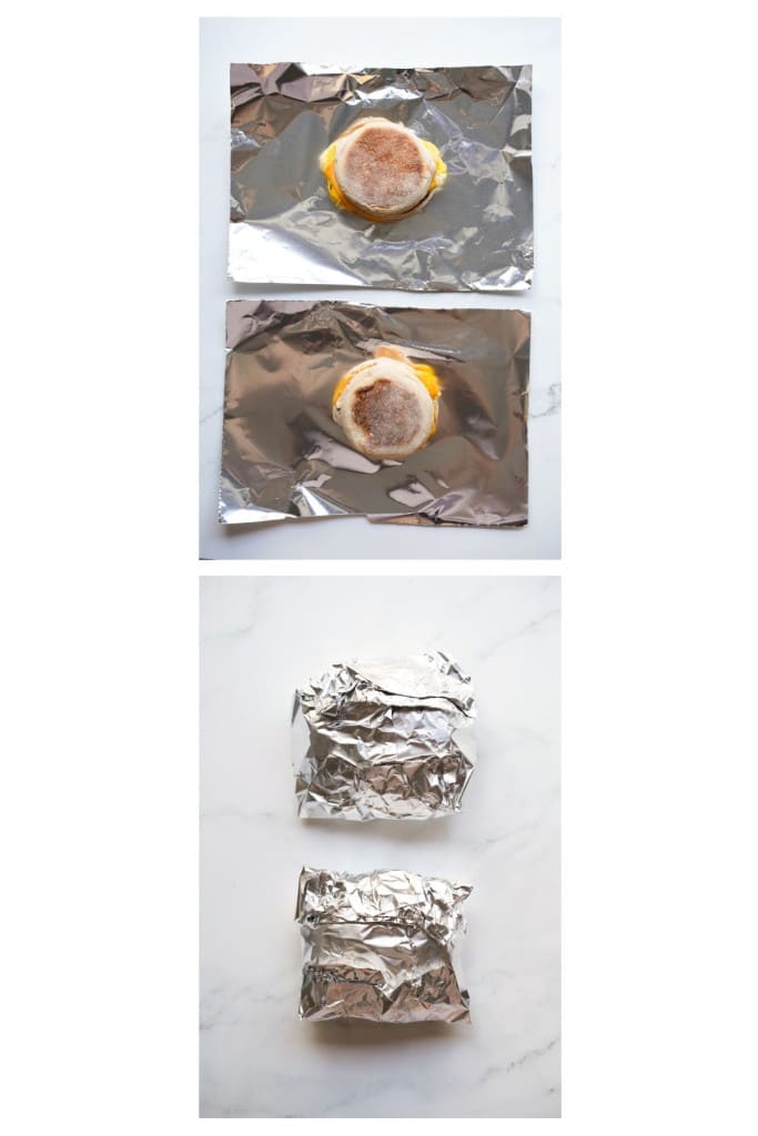 wrapping up breakfast sandwiches in foil