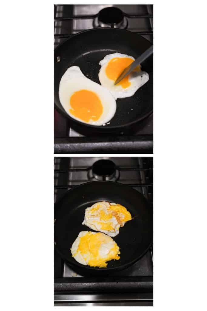 Frying two eggs on a skillet on stovetop