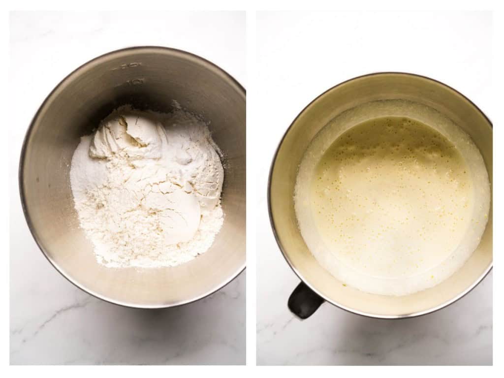 Dry ingredients in a mixing bowl on the left and wet ingredients on the right