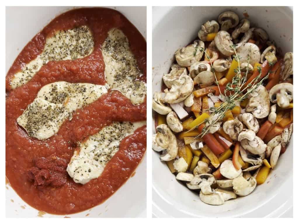 Nestling chicken into tomato based sauce, then topping with mushrooms, bell peppers, onions and herbs.