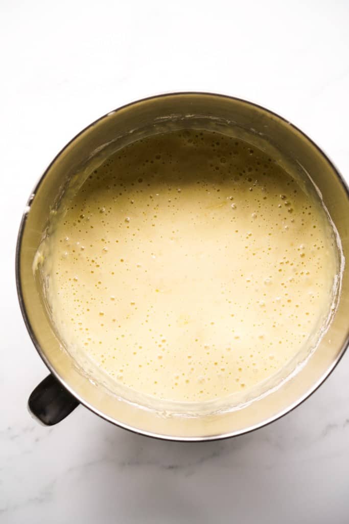 Lemon olive oil cake Batter in a large mixing bowl