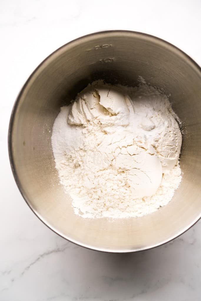Flour, salt, baking powder, and baking soda in a large mixing bowl