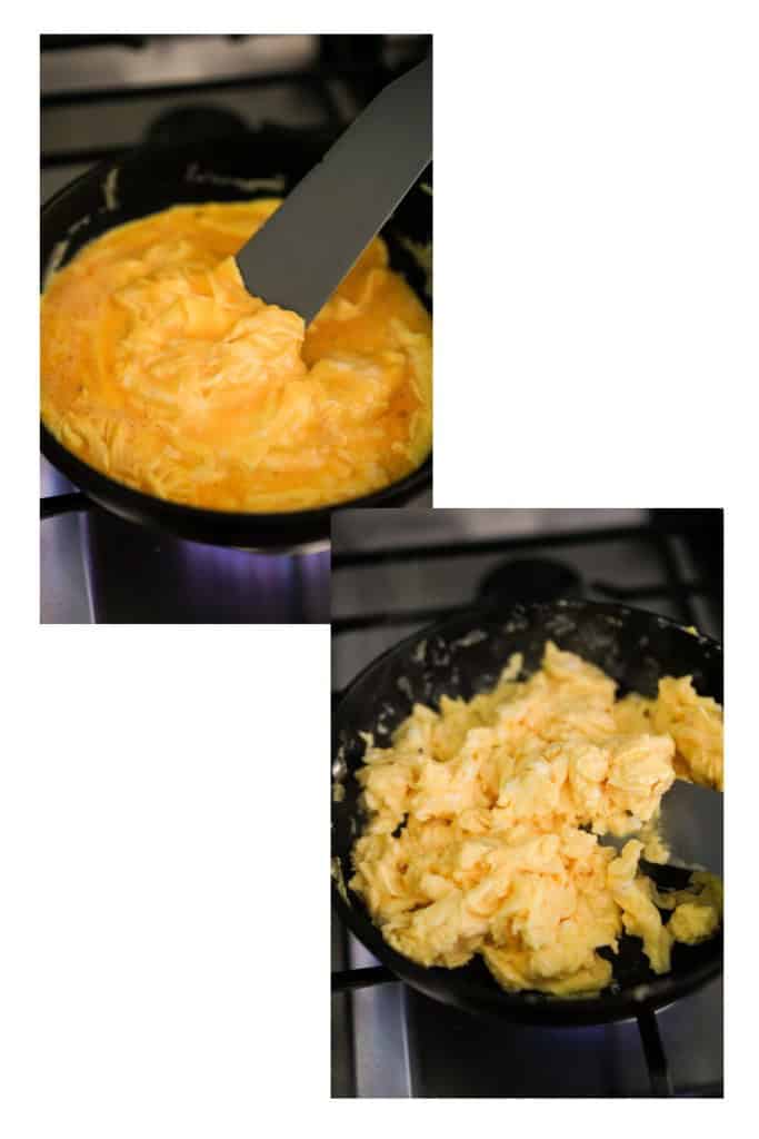 Scrambling eggs in a skillet on the stovetop