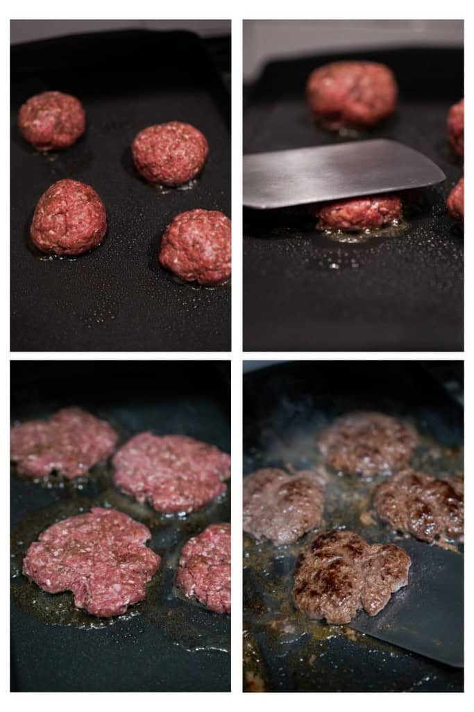 Smashing a round meatball and flattening it with a spatula