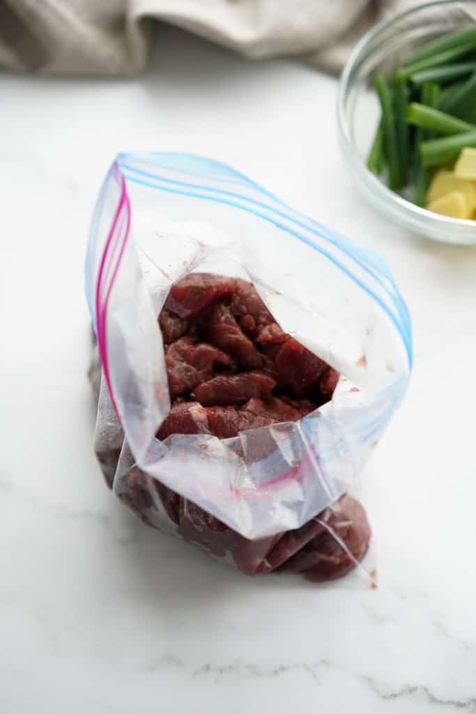 A ziplock bag of strips of beef 
