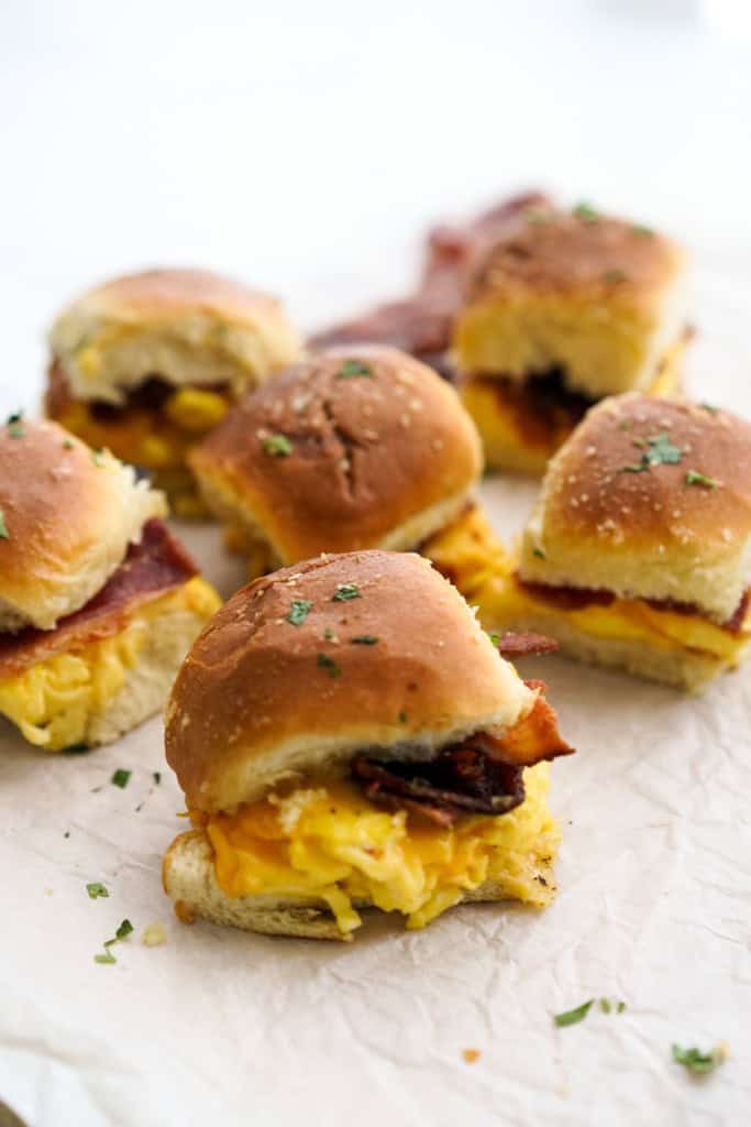 A few individual breakfast sliders loaded with eggs and bacon