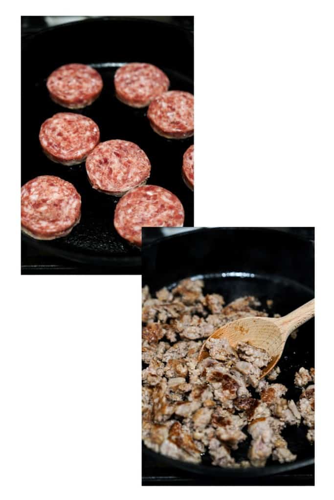 Round sausage patties that are eventually crumbled up into smaller pieces