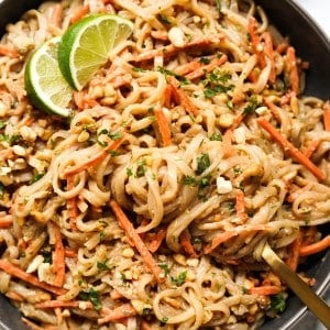 A bowl of recipe noodle tossed in sticky peanut sauce topped with carrots, cilantro and lime wedges