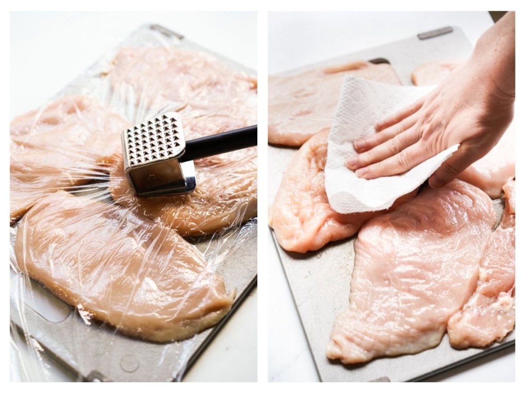 Pounding chicken cutlets using a meat tenderizer, then patting them dry using a paper towel.