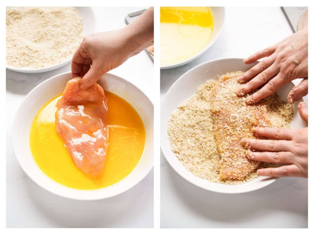 Dipping chicken cutlet into melted butter mixture, then coating it with breadcrumbs