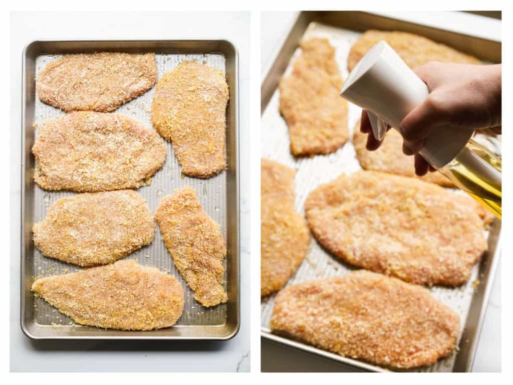 Placing breaded chicken cutlets on a baking sheet, then spraying the tops with cooking oil spray