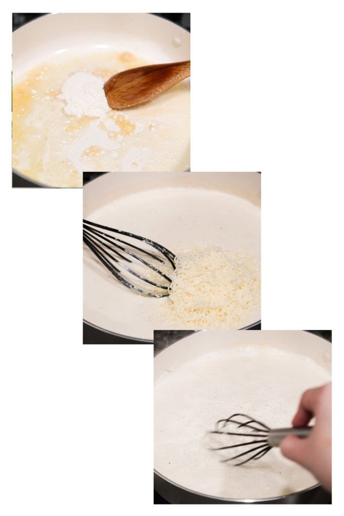 Making white creamy sauce on a skillet