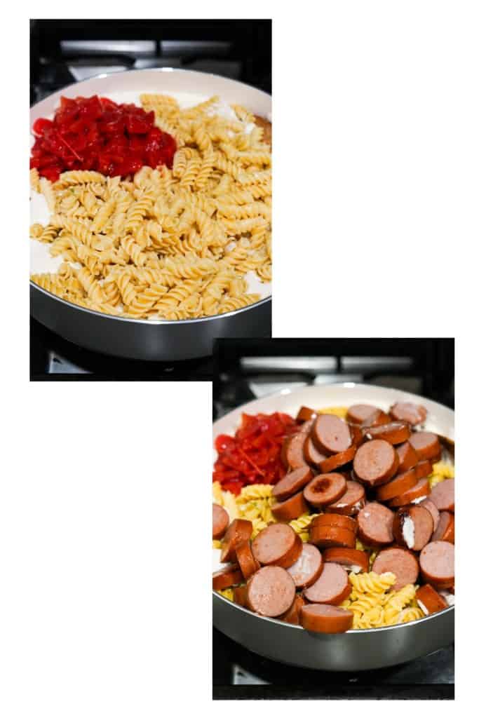 Adding pasta, diced tomatoes, sliced smoked sausage to creamy sauce in skillet
