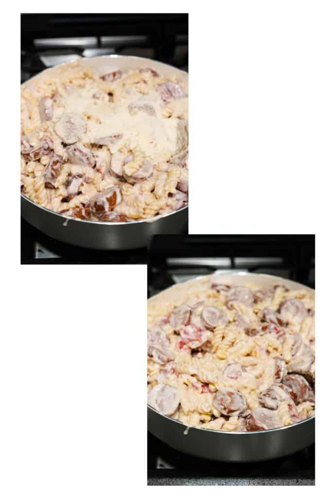 Topping creamy smoked sausage pasta with parmesan cheese, then stirring to combine