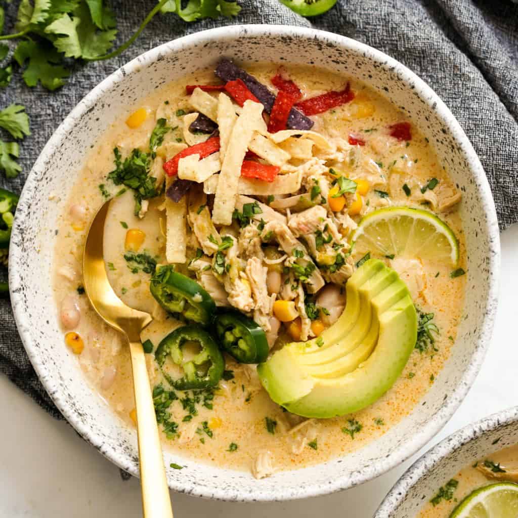 A bowl of thick and hearty white bean chicken chili
