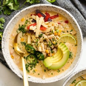 A bowl of thick and hearty white bean chicken chili