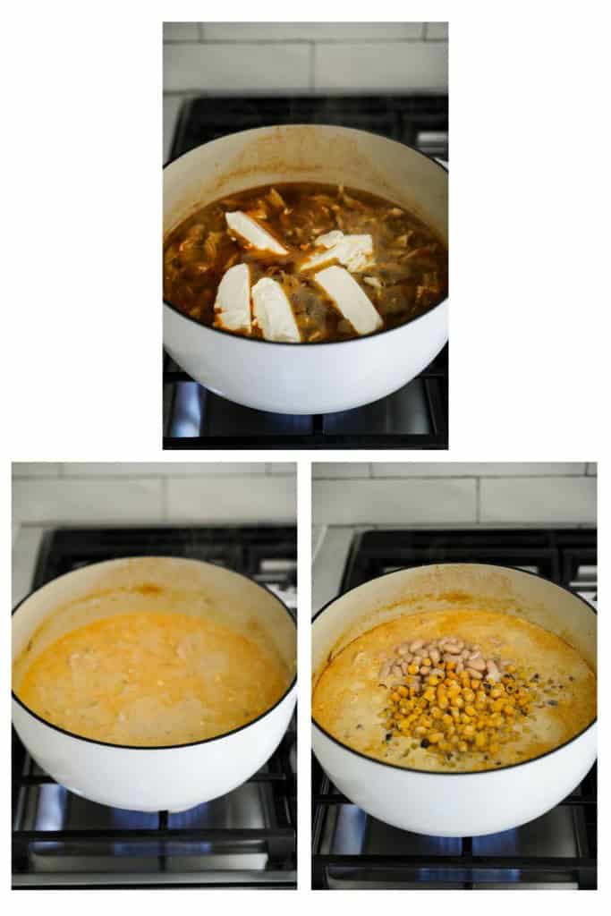 adding cream cheese into the pot and dissolving it, then adding beans and corn