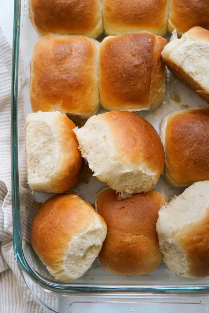A casserole dish filled with Japanese milk buns