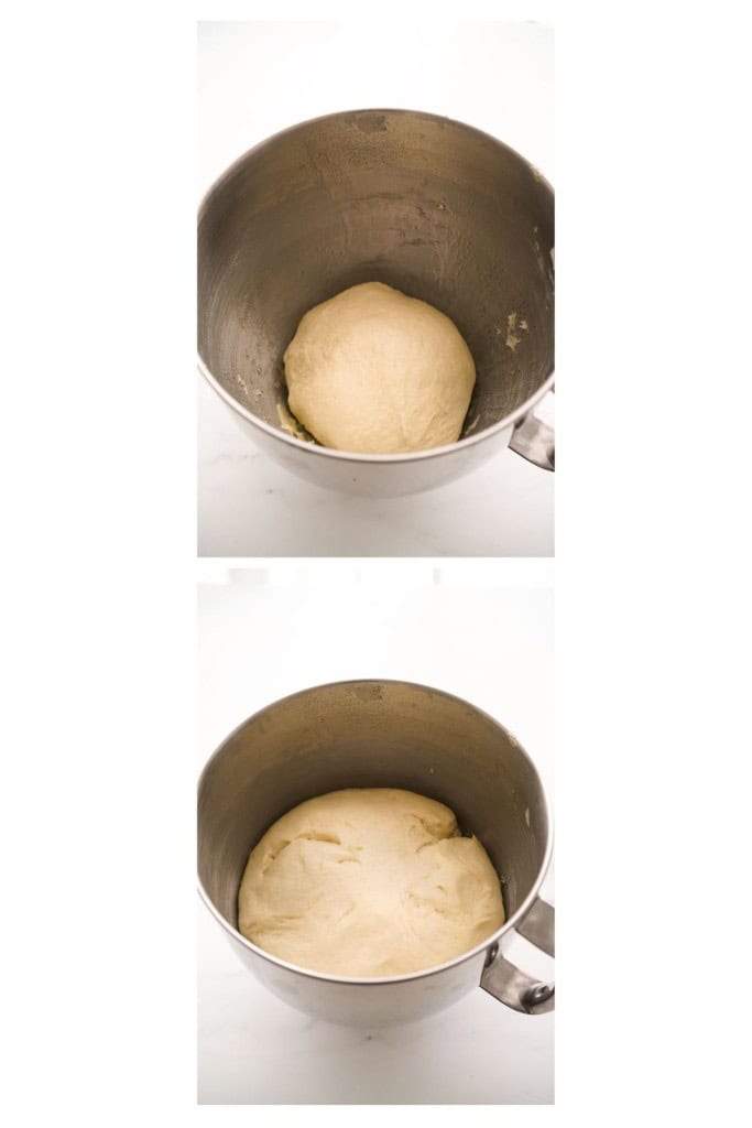 Dough proofing to double its original size in a mixing bowl