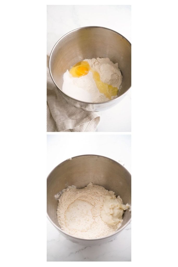 Mixing flour, egg, tangzhong, milk mixture with yeast in a large baking bowl