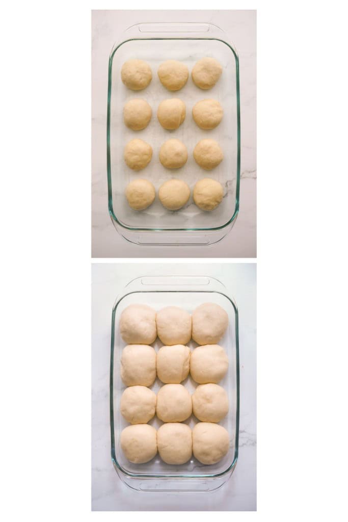 Twelve rolls in a baking dish proofing to double their original size