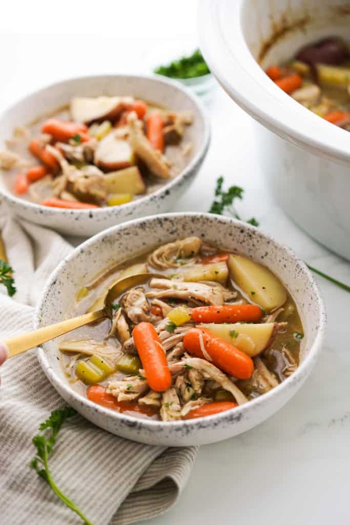 A bowl of chunky chicken stew in gravy, along with carrots and potatoes. A slow cooker in the background