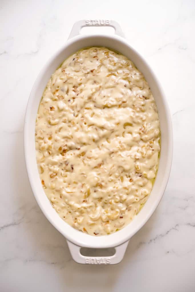 French onion macaroni and cheese in an oval baker