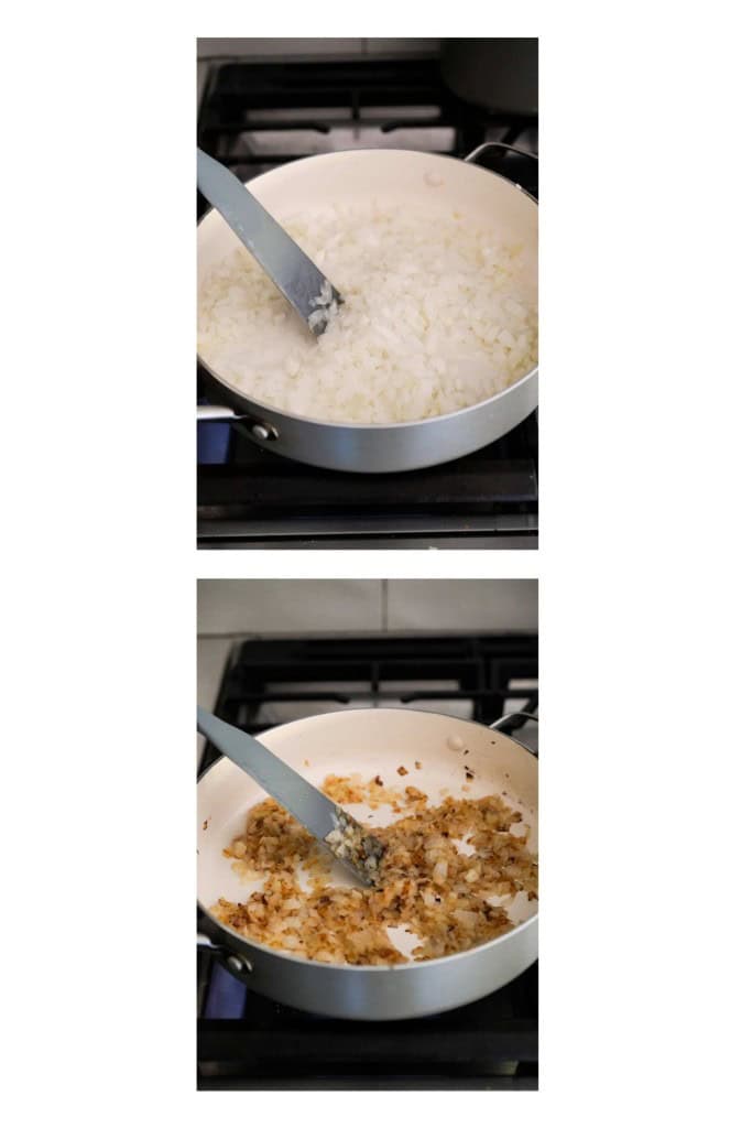 Sauteing onions in a skillet until golden brown