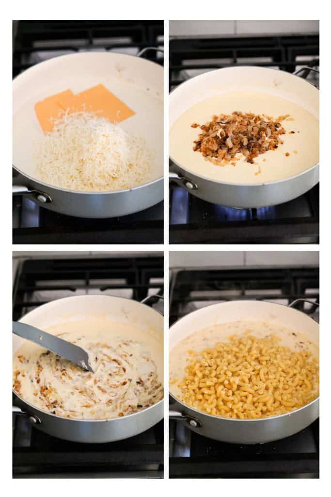 Adding cheese, caramelized onions and combining it, then adding pasta