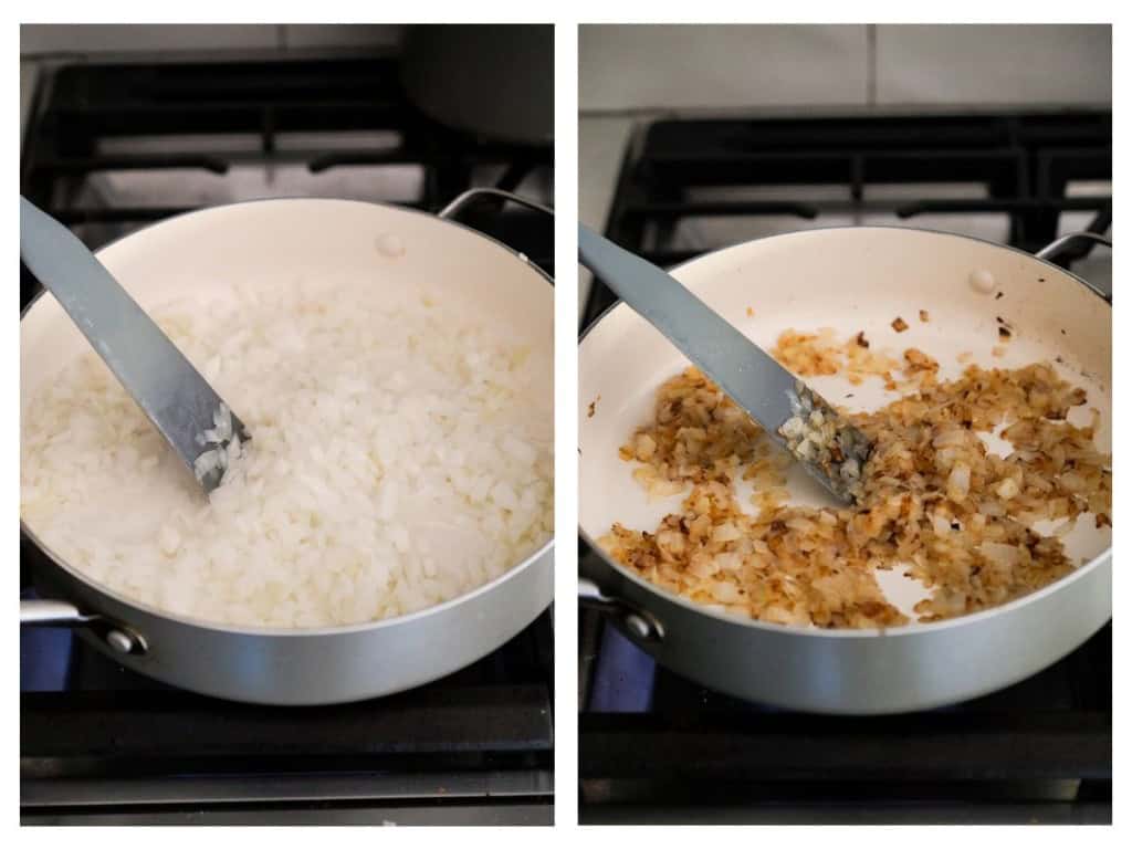 Sauteing diced onions until they are caramelized