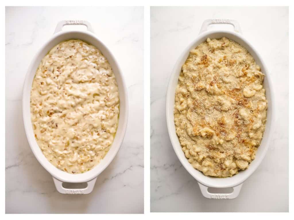Creamy mac and cheese in an oval dish then topped with breadcrumbs