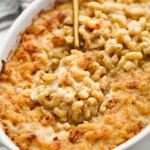 Using a gold spoon to scoop cheesy mac and cheesy