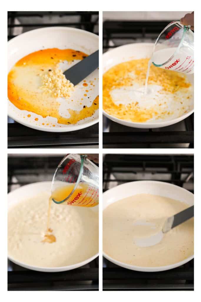 Making creamy garlic sauce in a skillet