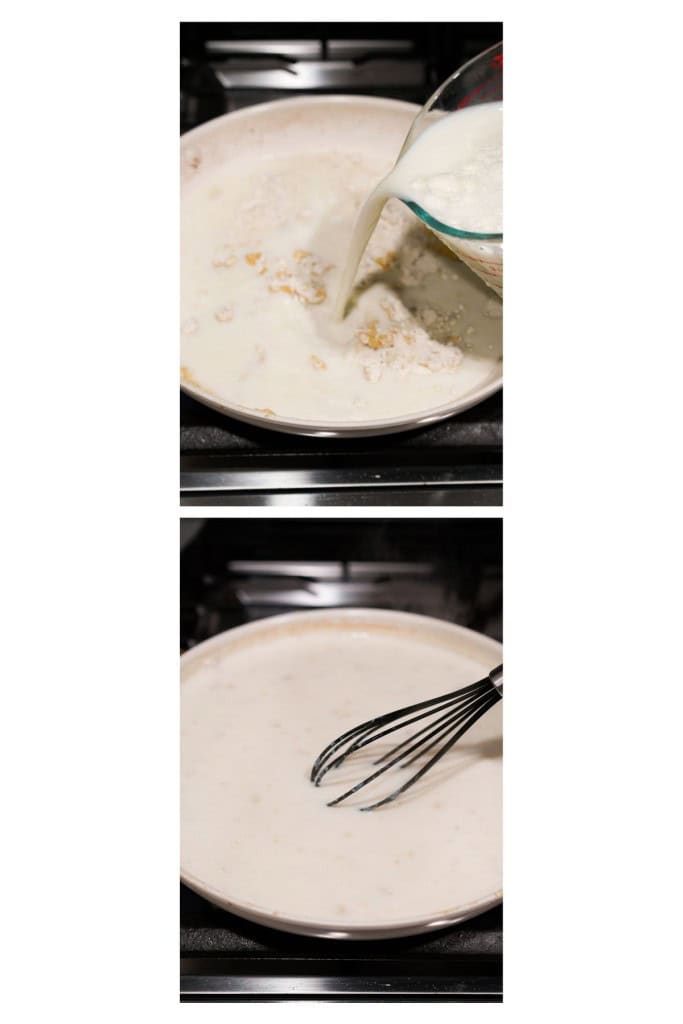 Adding milk into roux, then whisking it together