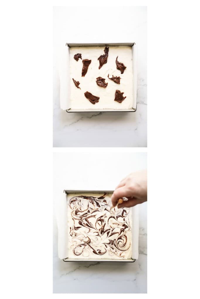 Using a chopstick to create swirls from dollop of brownie batter