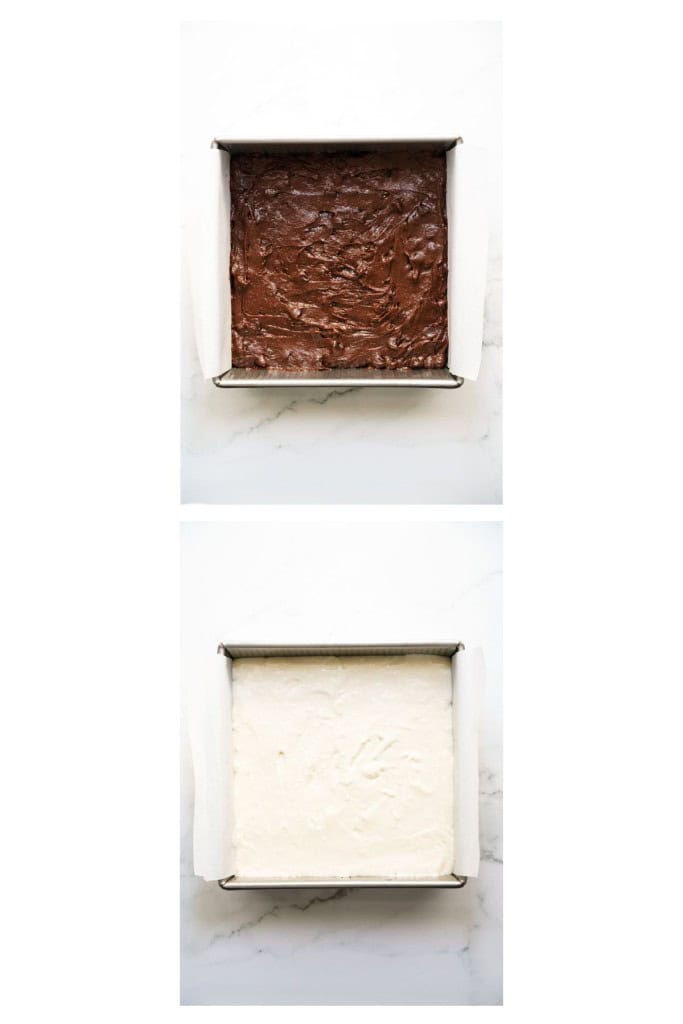 Layer baking dish with brownie mixture, then top with cheesecake filling